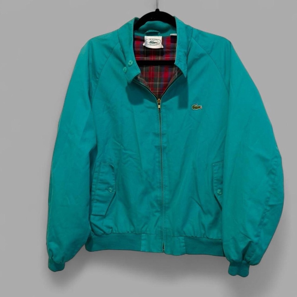 Vintage 80s Lacoste Harrington Green Jacket with Red Plaid Interior Large